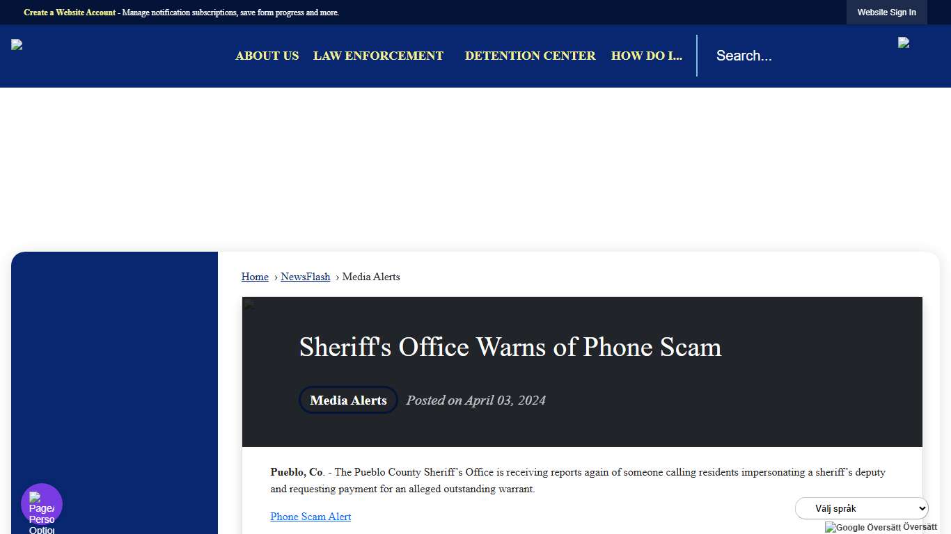 Sheriff's Office Warns of Phone Scam • Pueblo County Sheriff, CO