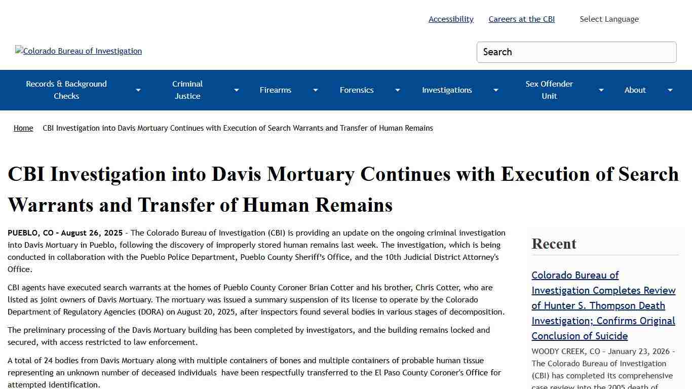CBI Investigation into Davis Mortuary Continues with Execution of Search Warrants and Transfer of Human Remains Colorado Bureau of Investigation