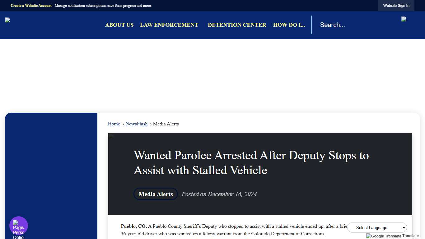 Wanted Parolee Arrested After Deputy Stops to Assist with Stalled Vehicle • Pueblo County Sheriff, CO